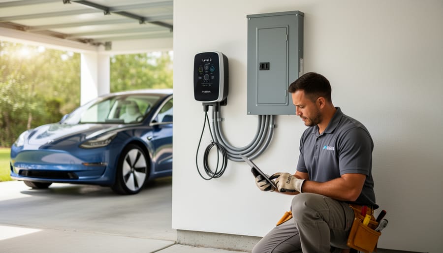 Installer inspecting a wall-mounted Level 2 EV charger at a home while checking electrical equipment and conduit.