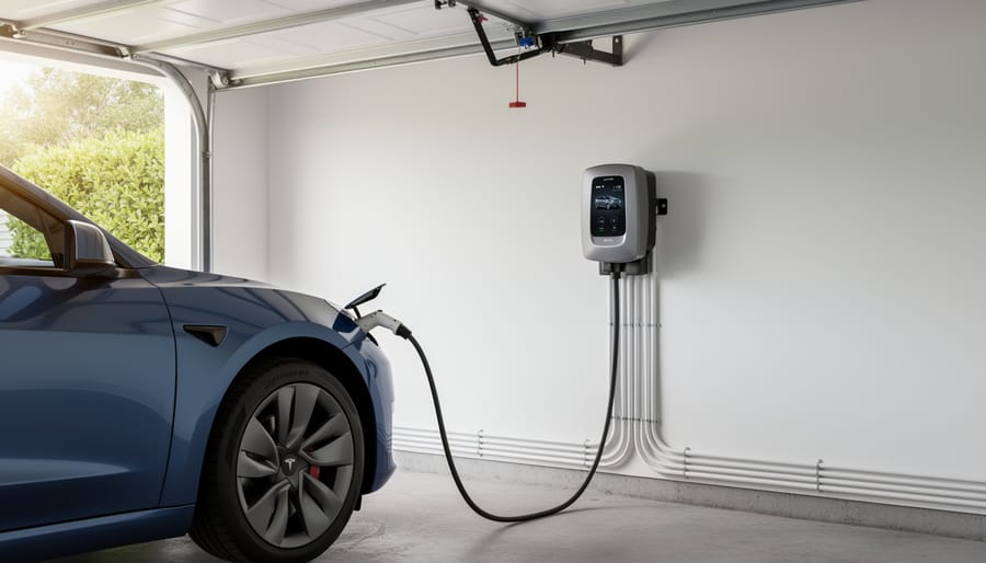 Electrician installing an EV charger securely on a residential garage wall