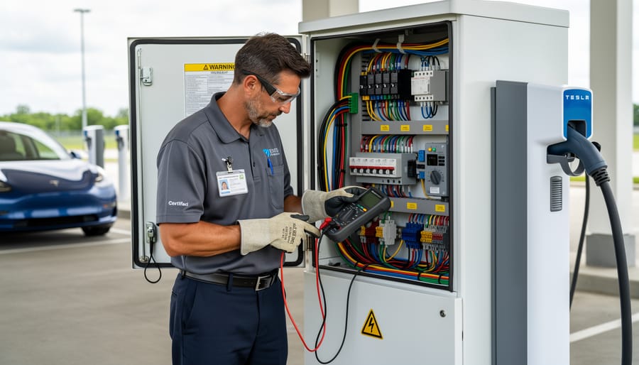 Technician using a multimeter to check electrical connections on an EV charger