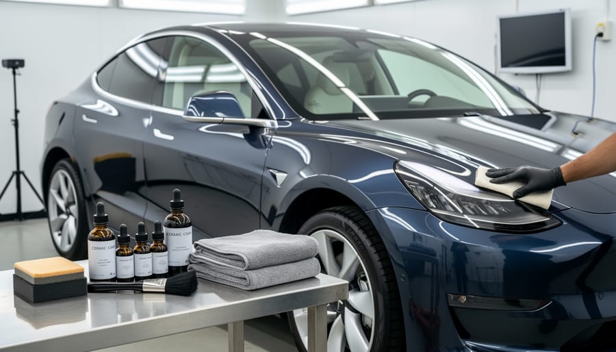 Applicator pad and ceramic coating materials beside a glossy EV fender