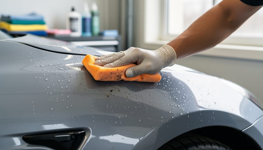Clay bar treatment on an EV hood showing lifted contamination on the clay surface