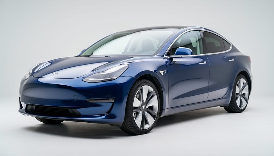 Clear paint protection film protecting the front bumper and hood edge of an EV