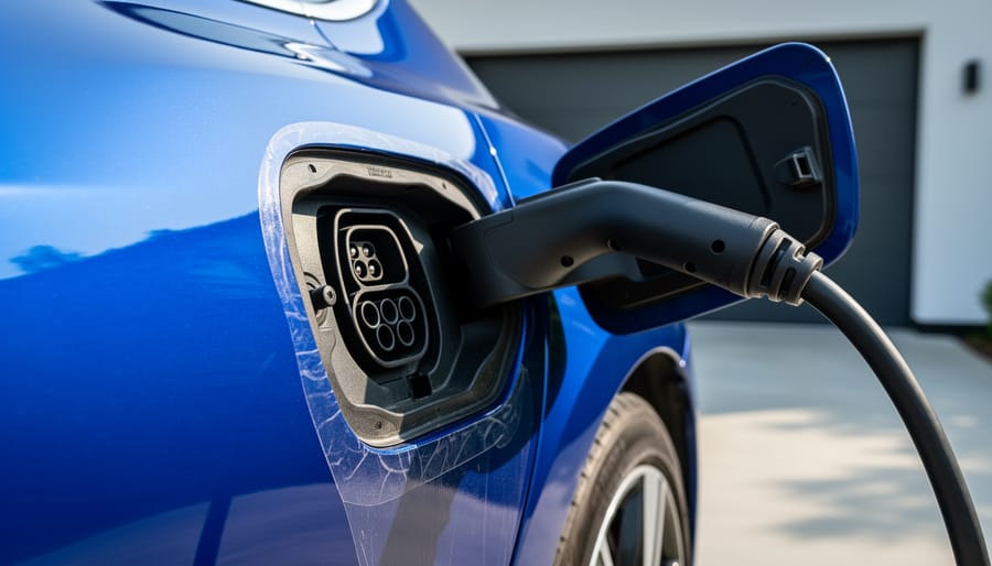 Close-up of an EV charging port area with cable and well-kept painted surfaces