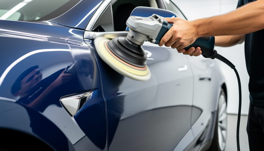 Orbital polisher polishing a section of EV paint to reduce minor imperfections
