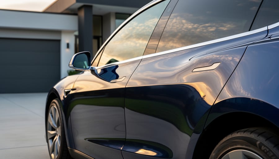 Polished EV reflecting golden-hour light in a clean outdoor setting