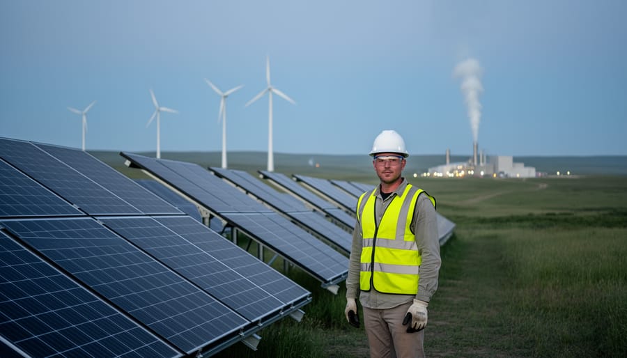 Worker in safety gear installing solar panels at a clean-energy site in Alberta with wind turbines and a geothermal steam plume in the distance.