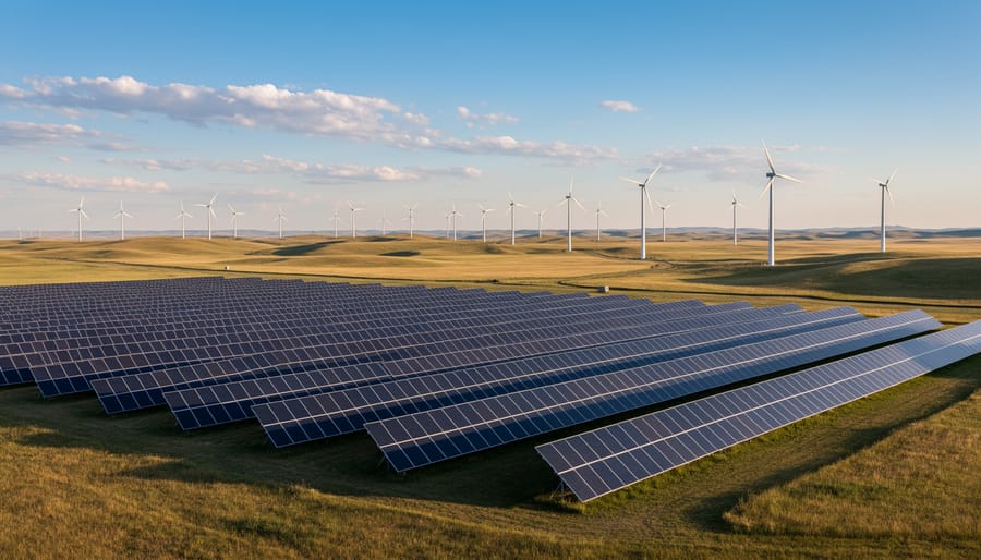 Wind turbines and solar panels at dusk in Alberta