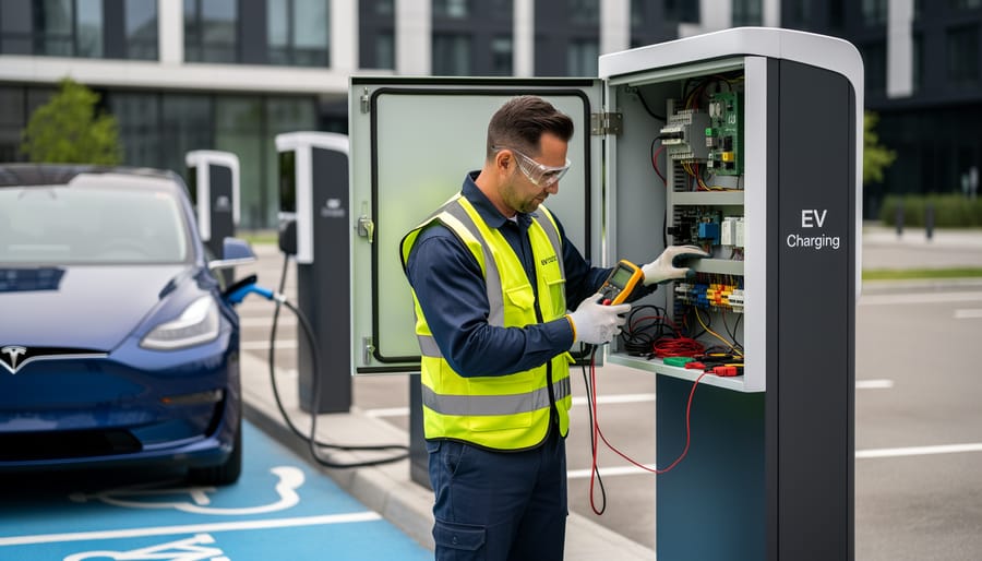 Electrician installing an EV charging station at a storefront