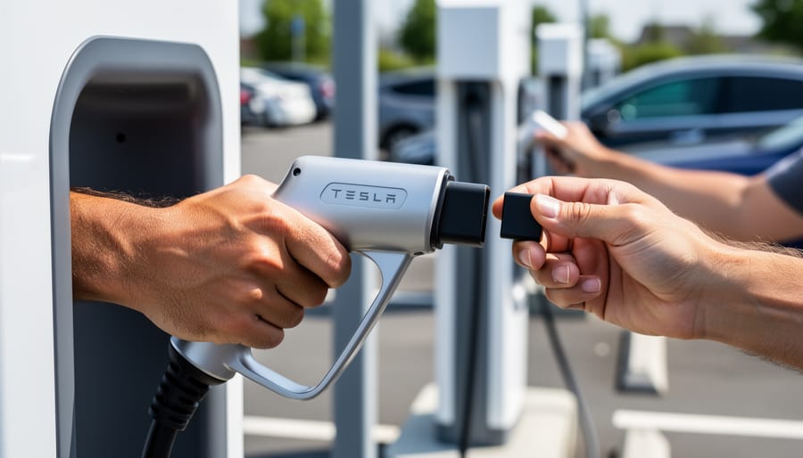 Person holding a Tesla-style charging adapter near an outdoor EV charging station