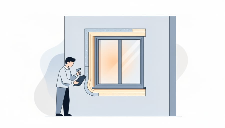 Energy auditor using a handheld thermal camera near a window for insulation inspection