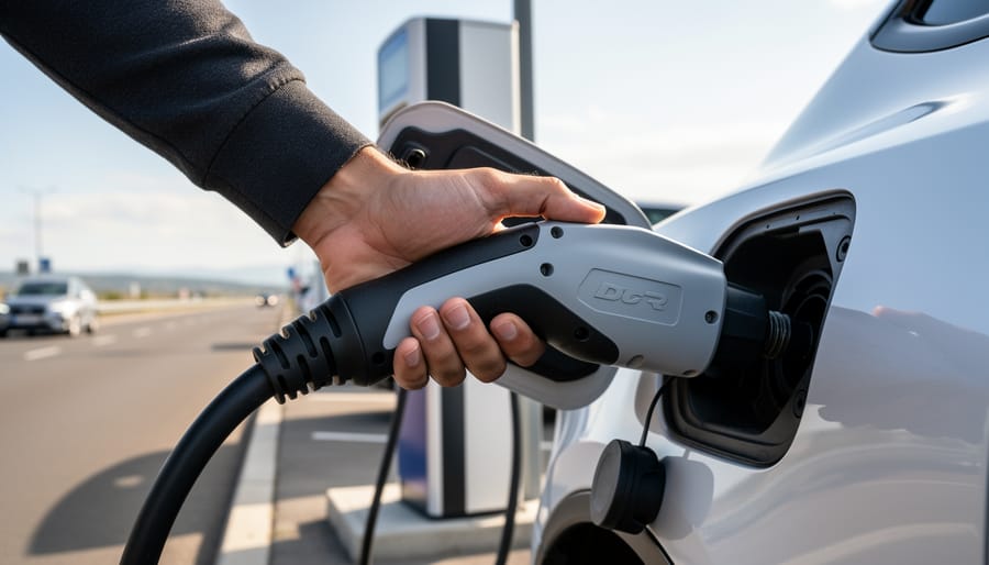 Tesla connected to a DC fast charging station with cable at the vehicle charge port