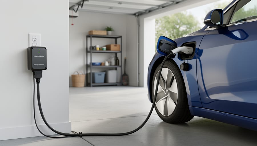 Tesla vehicle plugged into a Level 2 home charging wall unit on a residential driveway