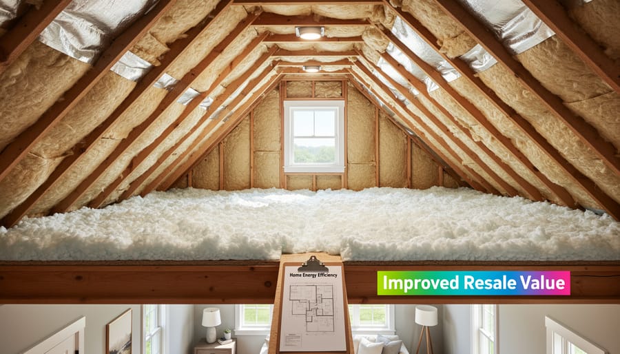 Attic interior showing insulation covering rafters and roof structure with light entering the space