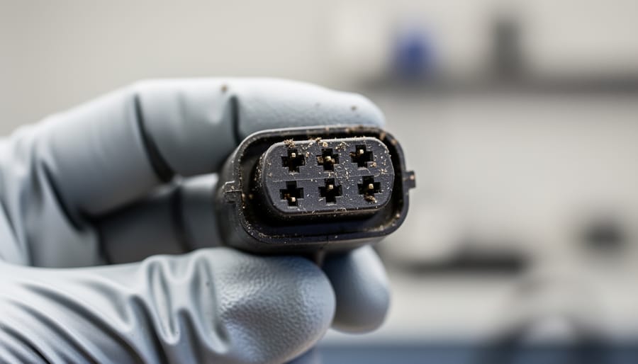 Gloved hands inspecting a charging connector plug near a Tesla vehicle