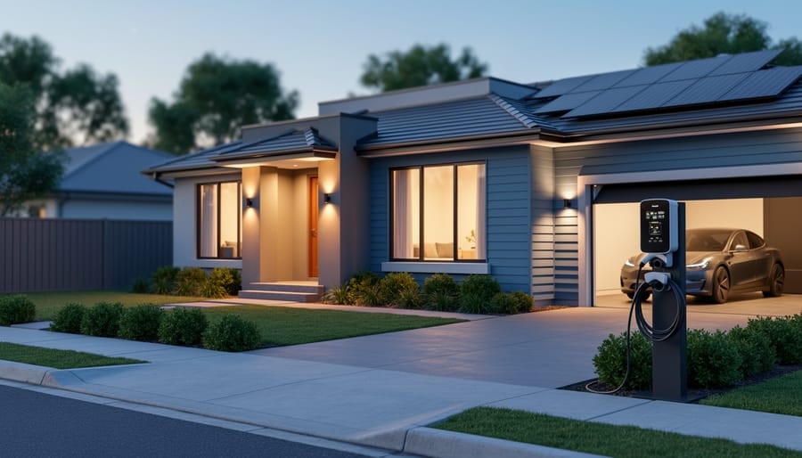 Suburban home exterior at dusk with an EV charging station, solar panels on the roof, and a garage door in view.