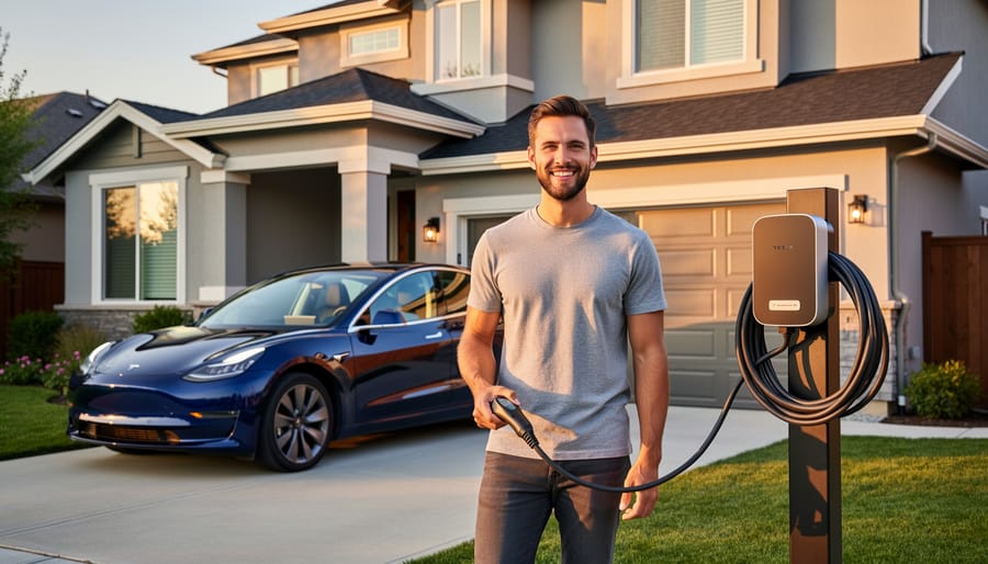 Electric vehicle charging station mounted on a home driveway beside a parked electric car