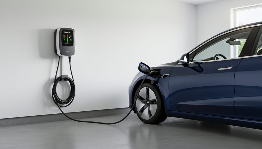 Residential driveway with a Tesla and a wall-mounted EV charger with a mobile charging cable