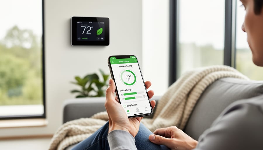 Close-up of hands holding a smartphone near a thermostat in a bright modern home interior