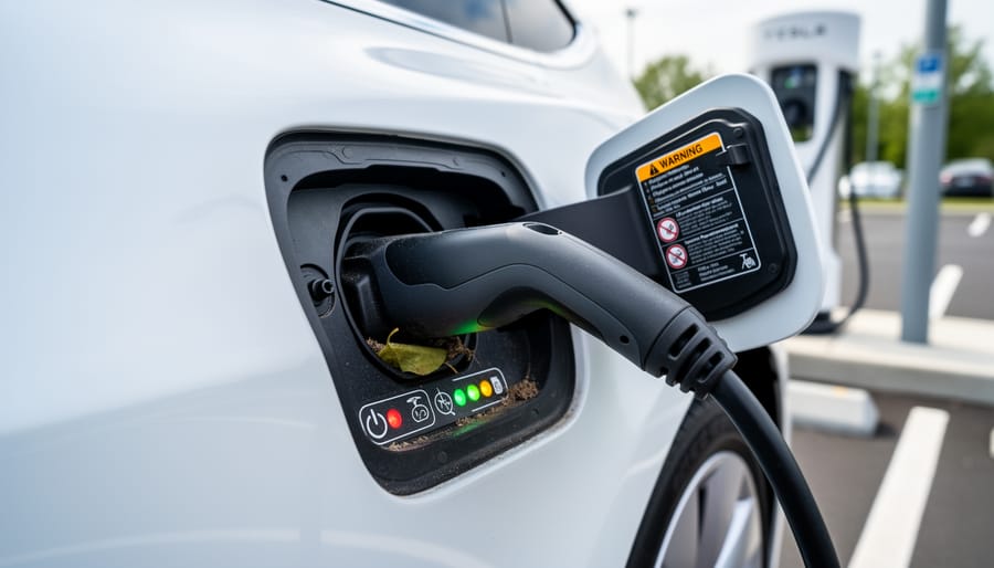 Close-up of a Tesla charge port area with partial insertion and visible debris or ice near the port opening