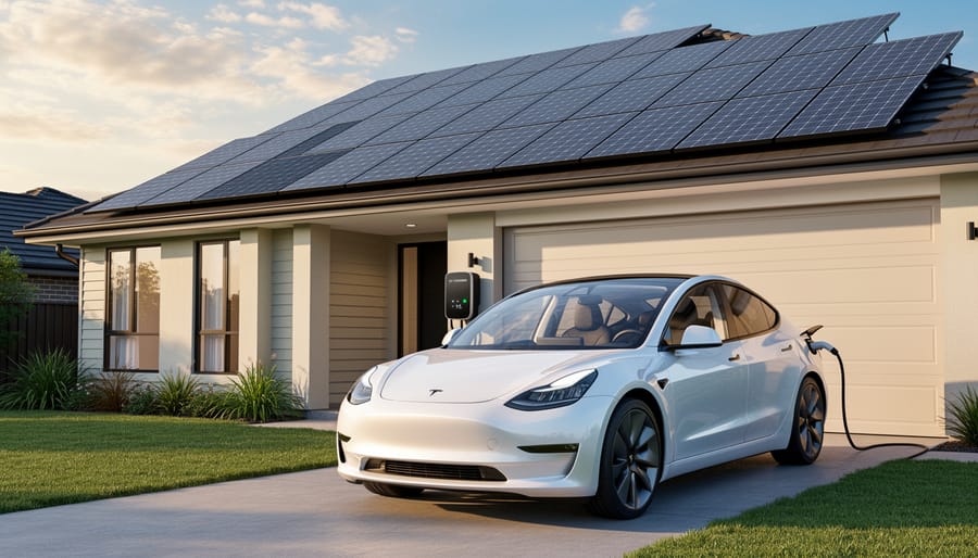 A Tesla vehicle parked near a home EV charging station powered by rooftop solar panels at golden hour.