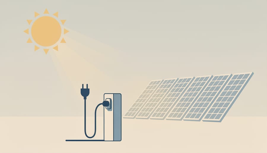 Person connecting an EV charging cable near a sunlit solar-powered charging setup.