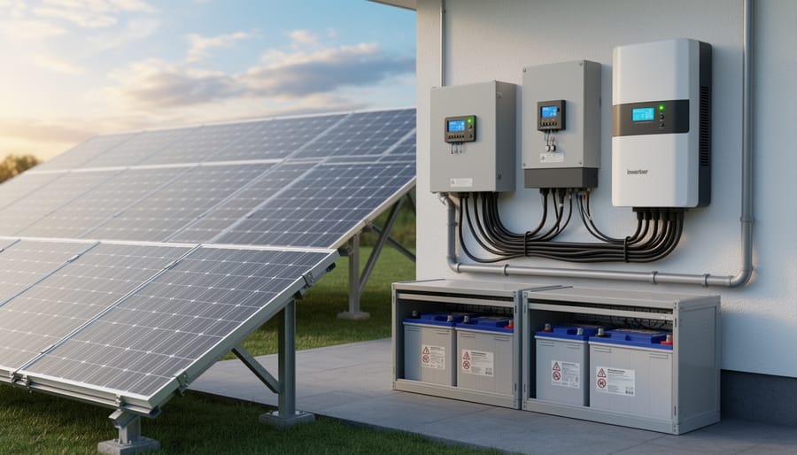 Close-up of outdoor inverter and electrical components next to a solar-powered EV charging pedestal.