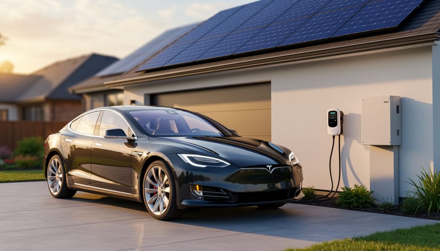 A Tesla vehicle charging at a home EV charging station with rooftop solar panels on the house in warm golden-hour light.